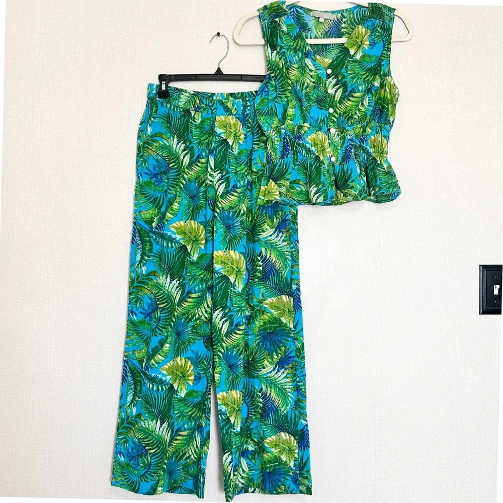 Green Tropical Print Wide-Leg Pants & Tank Set